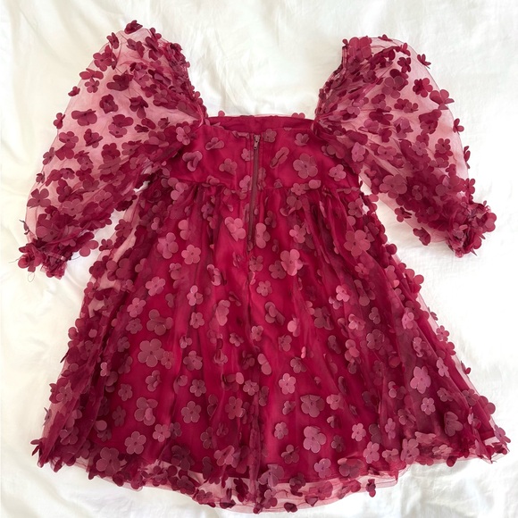 Storia 3D Floral Babydoll Mini Dress in Burgundy - US S (fits like XS) - Picture 3 of 6